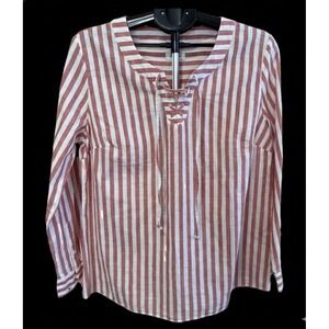 Style & Co Tunic Womens Size L Stripes Long Sleeve Boho Peasant Lace Up V Neck